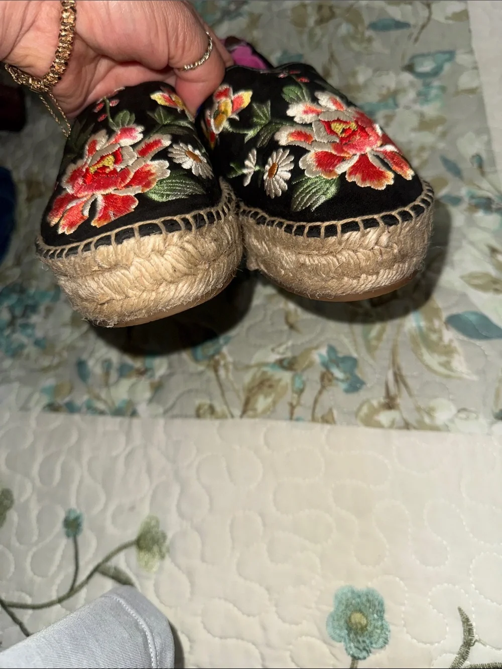 Johnny Was 💕 Embroidered Floral Black Slip-On Espadrilles for Women